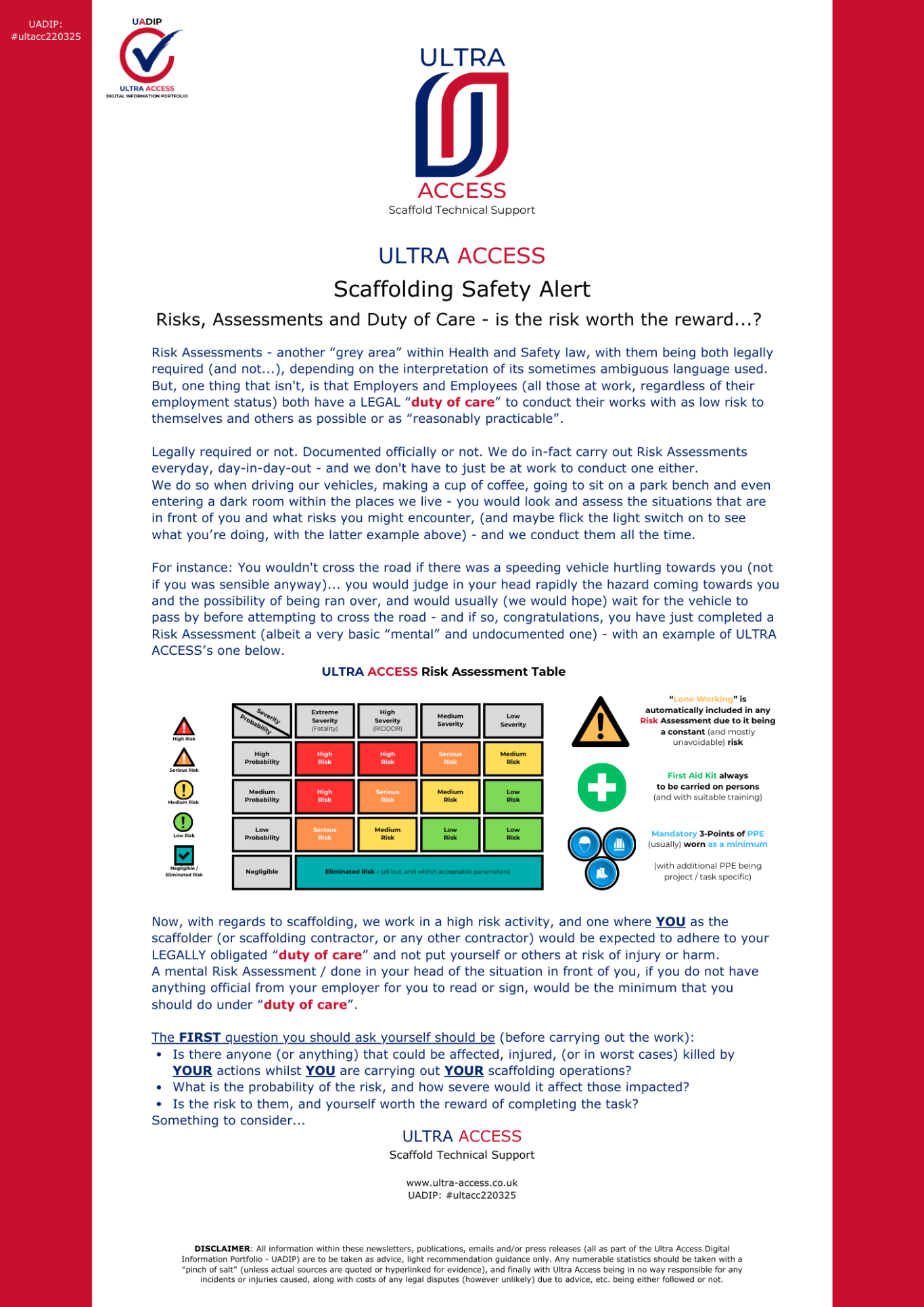 Scaffolding Safety Alert (Risk Assessments / "Duty of Care")