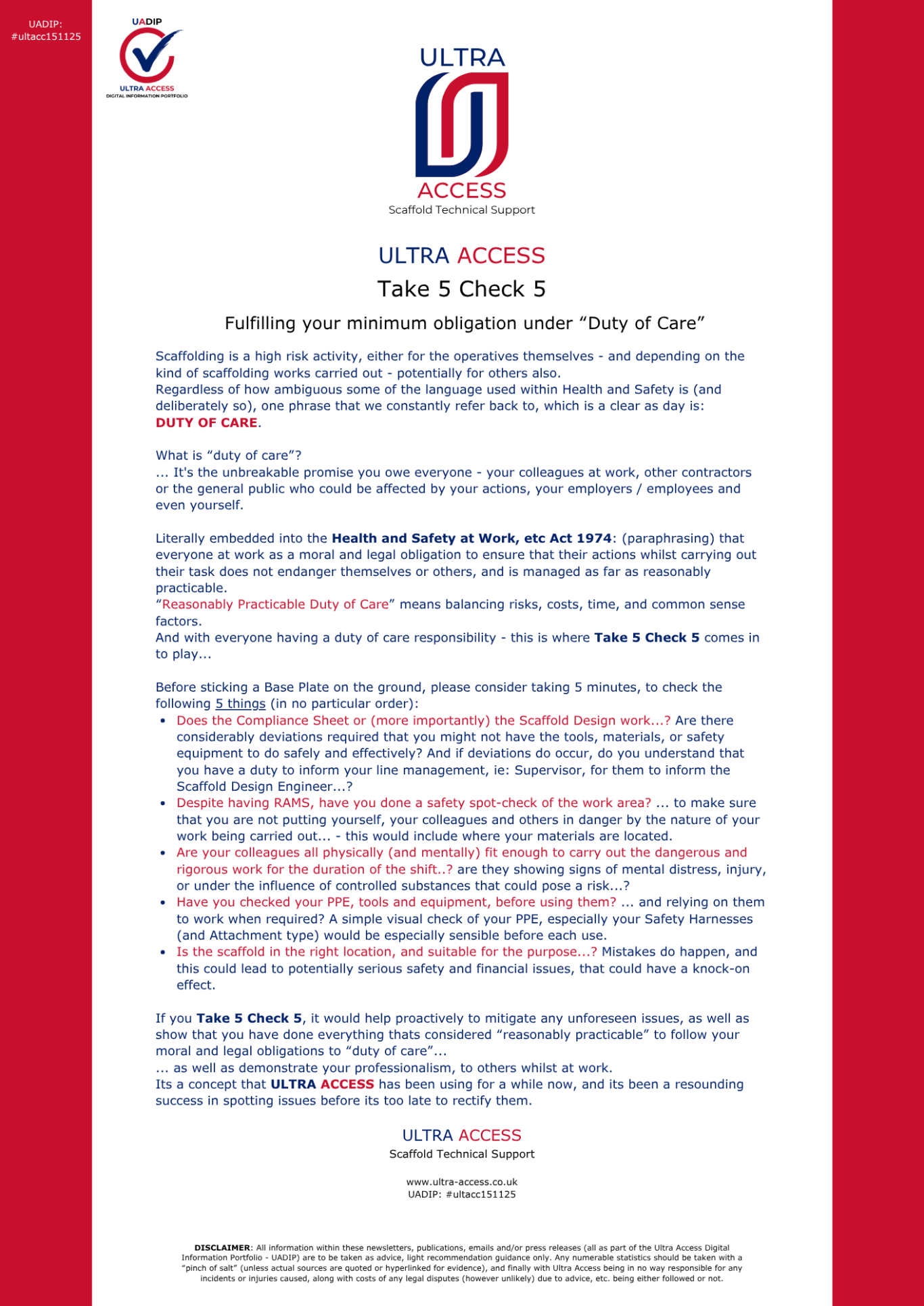 Take 5 Check 5Created exclusively b y Ultra Access for the scaffolding industry