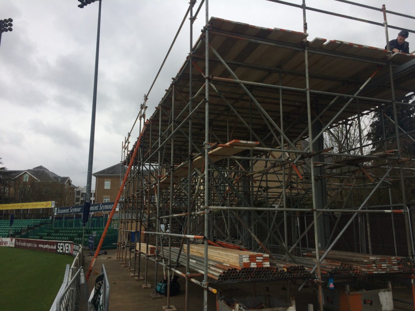"Chelmsford Cricket Club" Designed Birdcage Scaffold / Temporary Media Stand w/Staircase.