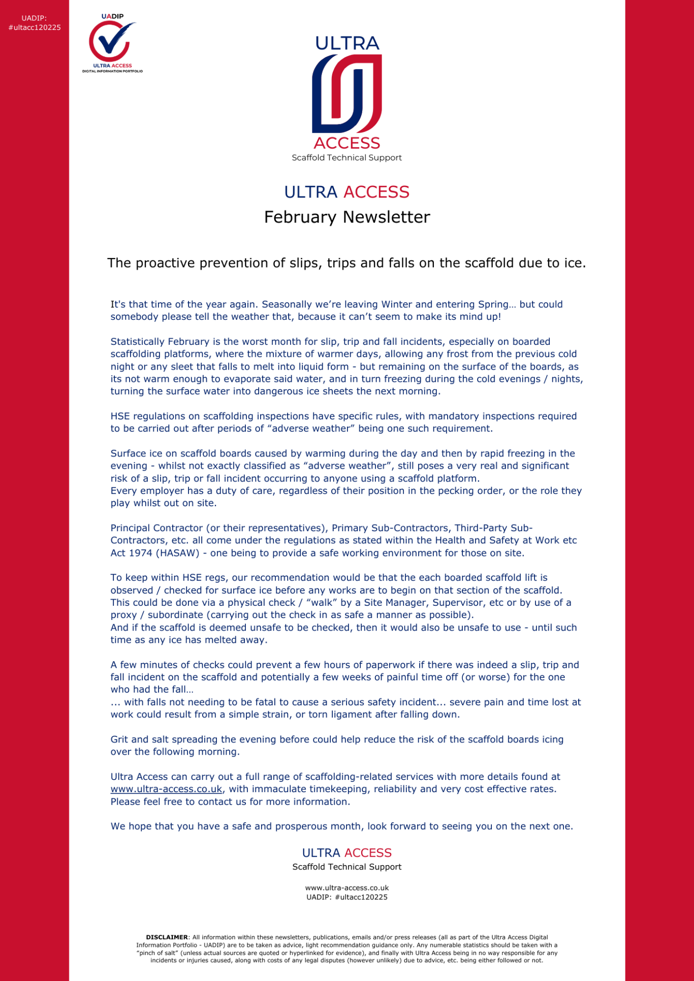 February Newsletter (Slips, Trips, and Falls on Icy Scaffolds)