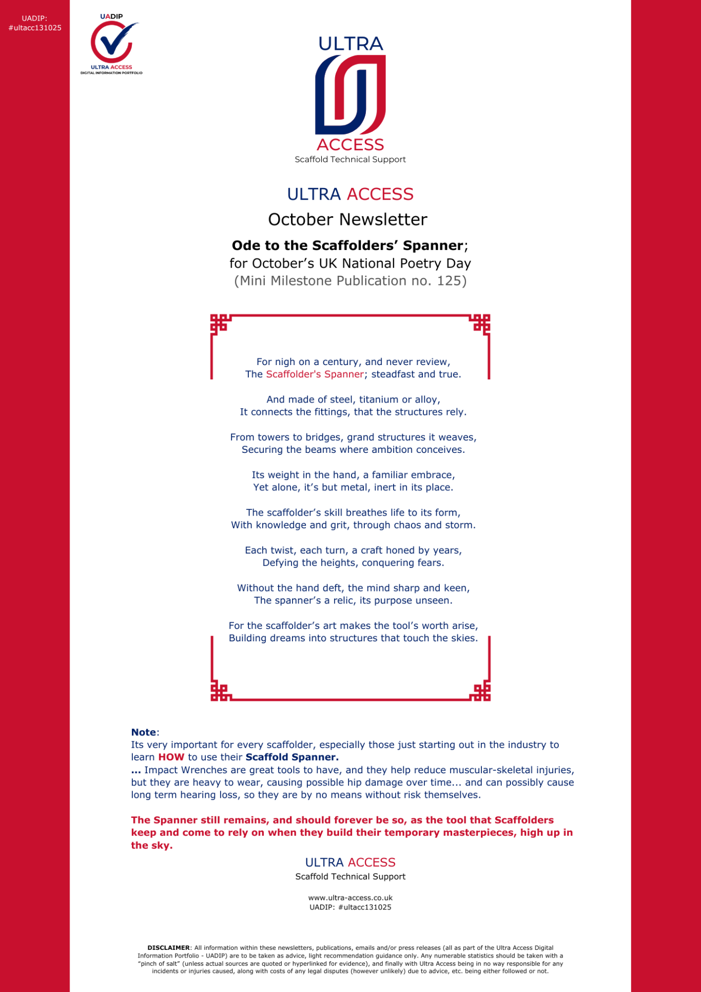 October Newsletter (Ode to the Scaffolders' Spanner)