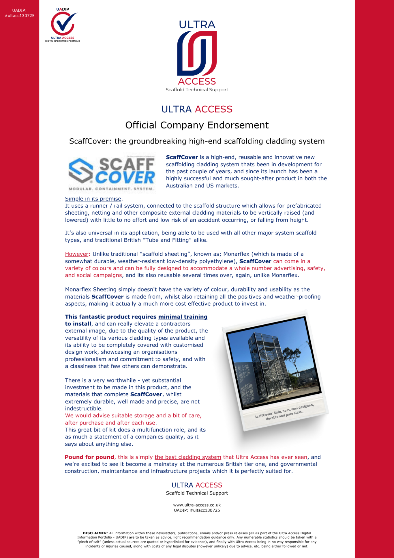 Endorsement of ScaffCover (Scaffold Cladding System)